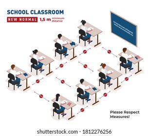 Social Distancing In Classroom Illustration. New Normal At School. Coronavirus (COVID-19) Guidance For Schools. New Rules At School. Children Maintaing Safe Distance. Students Sitting In The Classroom