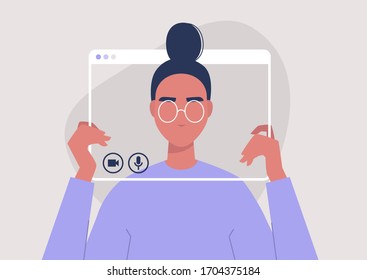 Social distancing communication, young female character holding a video call frame, technology