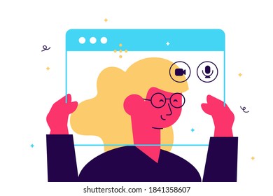 Social distancing communication, young female character holding a video call frame, technology