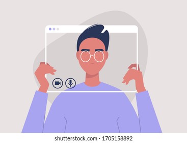 Social distancing communication, young male character holding a video call frame, technology