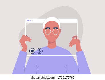 Social distancing communication, young male character holding a video call frame, technology