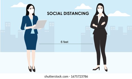 Concepto de distanciamiento social de 6 pies (2 metros) que la gente se mantiene alejada para evitar la ilustración del vector del coronavirus COVID-19