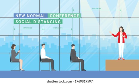Social Distancing concept. Business presentation meeting in conference hall. People sitting apart and listen to the speaker. Vector Illustration flat style minimal idea.