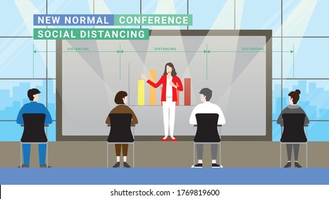 Social Distancing concept. Business presentation meeting in conference hall. People sitting apart and listen to the speaker. Vector Illustration flat style minimal idea.