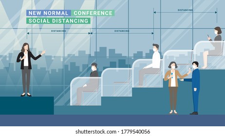 Social Distancing concept. Business presentation meeting in conference hall. People sitting apart and listen to the speaker. Thermal check and Hand sanitizing at entrance. Vector Flat style.