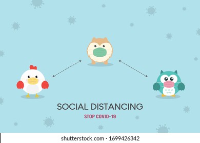 Social Distancing Concept. Coronavirus (COVID-19) prevention Vector Illustration. Cute Owl, Chicken and Dog - Pomeranian Puppy character wearing medical mask. Stop Coronavirus.