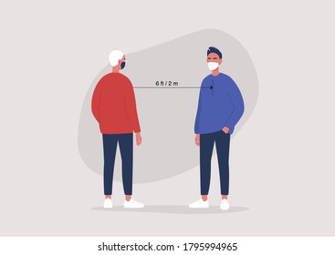 Social distancing concept, coronavirus outbreak, two characters wearing face masks and keeping a 2 m or 6 ft distance between each other, bacteria spreading prevention