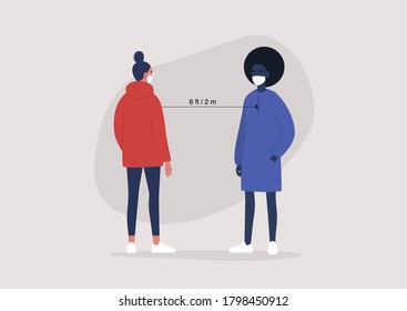 Social distancing concept, coronavirus outbreak, two characters wearing face masks and keeping a 2 m or 6 ft distance between each other, bacteria spreading prevention