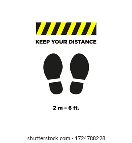 Social distancing concept. Coronavirus spreading symbol. Vector of feet print floor sign for keep your distance. Protection from Covid line yellow and black