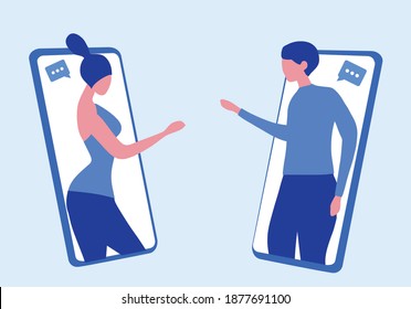 Social distancing concept couple using mobile phone chatting. Stay home, quarantine to protect from covid-19 coronavirus vector illustration  