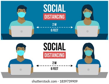 Social distancing concept for Covid-19, Man and women in face mask with laptop.