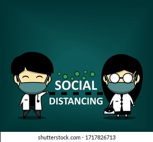 Social distancing concept. Cute character physical distancing. Keep distance in public society people to protect from coronavirus or COVID-19. Illustration vector