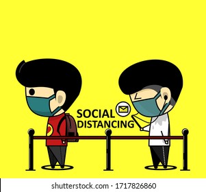 Social distancing concept. Cute character physical distancing stand in line, queue, lined up. Keep distance in public society people to protect from coronavirus or COVID-19. Illustration vector