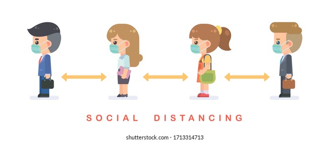 Concepto de distanciamiento social. La gente linda usa las máscaras protectoras, haciendo cola y manteniendo la distancia para protegerse del Coronavirus COVID-19. Ilustración de diseño plano vectorial.