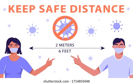 Social distancing concept. Distance two meter. Precautions for 2019-nCoV Coronavirus spread of the virus. Prevention for dangerous global pandemic. Vector information banner, poster, presentation etc.