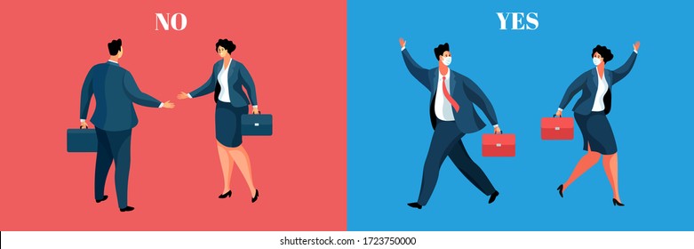 Social distancing concept. Do not shake hands. Wear protective masks. Business man and woman in full height, with briefcases. Vector illustration