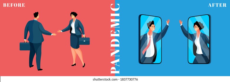 Social distancing concept. Do not shake hands. Stay home. Communicate and work online. Business man and woman in full height. Business people on screen of smartphones. Vector illustration