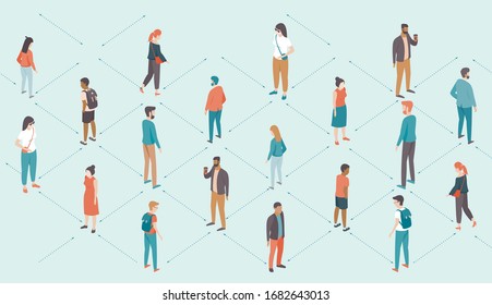 Social distancing concept during coronavirus COVID-19 2019-ncov disease outbreak. People keep distance from each other. Flat vector illustration