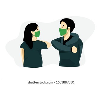Social distancing concept.  Elbow bump, avoid physical contact, handshake or hand touch to protect from COVID-19.  New greeting to avoid the spread of coronavirus. Illustration Vector
