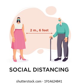 Social distancing concept. Elderly man and woman character wearing surgical or medical face mask maintain social distancing to prevent from virus spreading and flu prevention. Isolated on background
