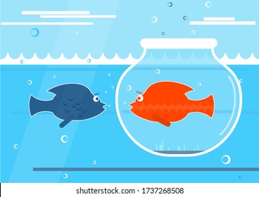 Social distancing concept. Fish in an aquarium jar immersed in the sea and separated from other fish. Flat vector design.