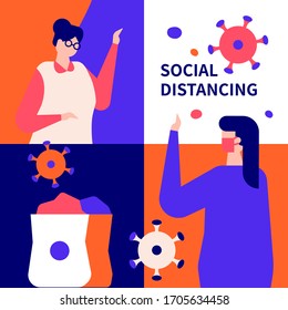 Social distancing concept - flat design style illustration. Protective measure, quarantine recommendation. A composition with elderly woman staying at home. Vulnerable group of people isolation idea