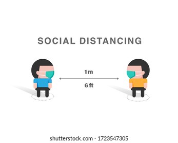 Social distancing concept. Group of people wearing a medical face mask and keep distance to prevent and avoid the infection of virus, disease, COVID-19. Flat and simple design vector of new normal.