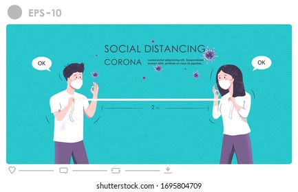 Social distancing concept illustration. Don't touch to avoid spreading coronavirus. People keeping distance 2 meters to protect from coronavirus diseases (COVID-19).  Health care vector infographic.