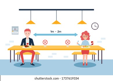 Social distancing concept illustration showing people in a canteen