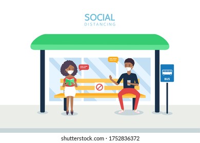 Ilustración de concepto de distanciamiento social que muestra a la gente en una estación de buses