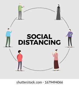 social distancing concept illustration with six people from multiple ethnicity and religion. novel coronavirus or covid-19 outbreak is world pandemic. vector illustration.