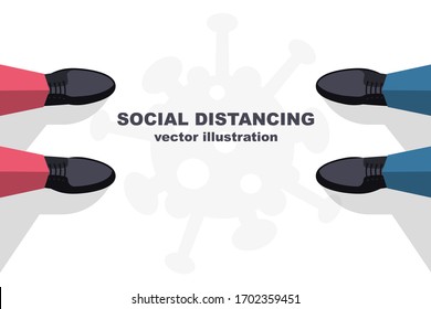 Social Distancing Concept. Landing Page Social Awareness. The Legs Of Two Men Standing Far Apart. Keep Distance. Coronavirus Prevention Covid-19. Vector Illustration Flat Design.