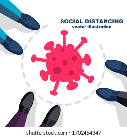 Social distancing concept. Landing page social awareness. The legs of many men standing far apart. Keep distance. Coronavirus Prevention covid-19. Vector illustration flat design.
