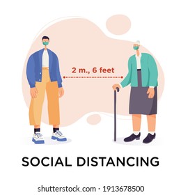 Concepto de distanciamiento social. El personaje masculino y anciano que lleva mascarillas quirúrgicas o médicas mantiene el distanciamiento social para prevenir la propagación de virus y la prevención de la gripe. Aislado en segundo plano