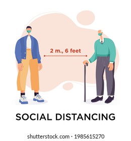 Social distancing concept. Man and elderly man character wearing surgical or medical face mask maintain social distancing to prevent from virus spreading and flu prevention. Isolated on background