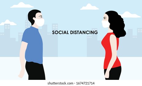 Social distancing concept man and woman people keep distance 2 meters to  prevent from COVID-19 coronavirus disease vector illustration