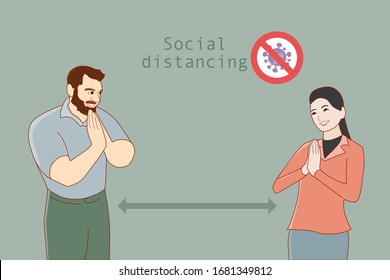 Social distancing concept. man and woman keeping distance for stop infection corona virus. vector illustration