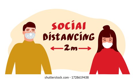 Social distancing concept man and woman people keep distance 2 meters to prevent from COVID-19 coronavirus. Vector illustration.