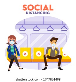 Social distancing concept with man and woman wearing medical mask travelling at the bus or train to prevent from Coronavirus.