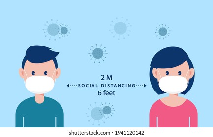 Social distancing concept. Man and woman are wearing surgical  protective mask to prevent from virus, COVID-19,  coronavirus and respiratory disease. Health care concept. Vector illustration.
