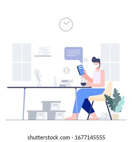 Social distancing concept. Man work from home wear mask fight covid-19. Digital transformation. Corona virus outbreak pandemic. Flat character Abstract people. Health and medical. Vector EPS10