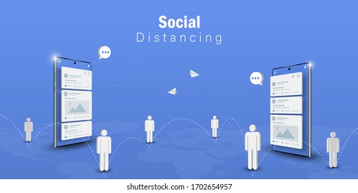 Social Distancing Concept, Social media technology communication using smartphone, Web banner background with copy space