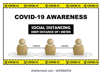 Social distancing concept. Minimum distance of 1 meter to prevent from Covid-19 spreading. Vector illustration shows 3 person with a minimum distance of 1 meter in between. Vector EPS 10.