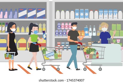 Social distancing concept and new normal concept illustration at a supermarket.