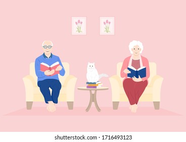 Social distancing concept. Older adults in a time of quarantine. Grandparents reading book at the living room with the white cat. Flat vector Illustration.