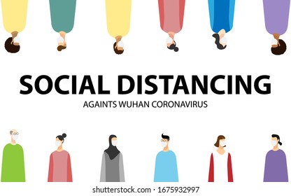 Social distancing concept on a war against wuhan Corona virus ncov19 or covid19. vector illustration of people from multiple ethnicity and religion.