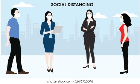 Social distancing concept people keep distance 6 feet (2 meters) to prevent from COVID-19 coronavirus disease vector illustration. Social distance concept background