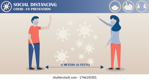 Social Distancing concept, people keep a safe distance among other to prevent COVID 19 or corona virus in public, wearing mask and washing hands to avoid infection 