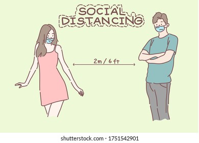 Concepto de distanciamiento social, la gente mantiene la distancia en público para protegerse del COVID-19.