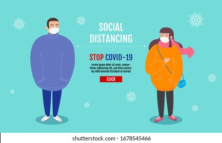 Social Distancing concept , People keeping distance for infection risk and disease, wearing a surgical protective Medical mask for prevent virus Covid-19 (Coronavirus). Cartoon Character.